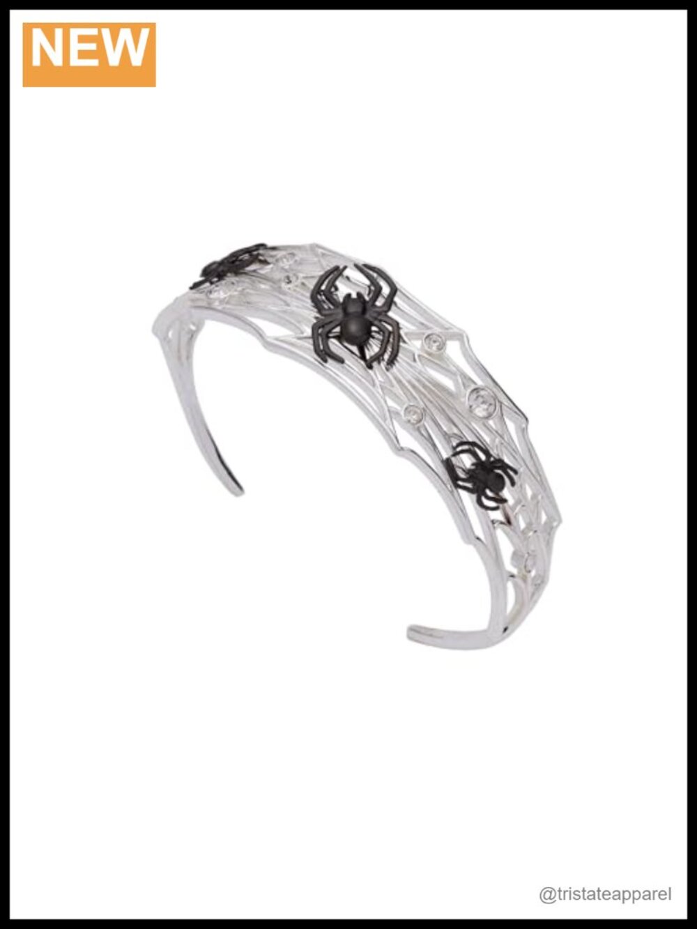Silver Cuff Bracelet Spider Web Black Spiders Glow in Dark Crystal Accents